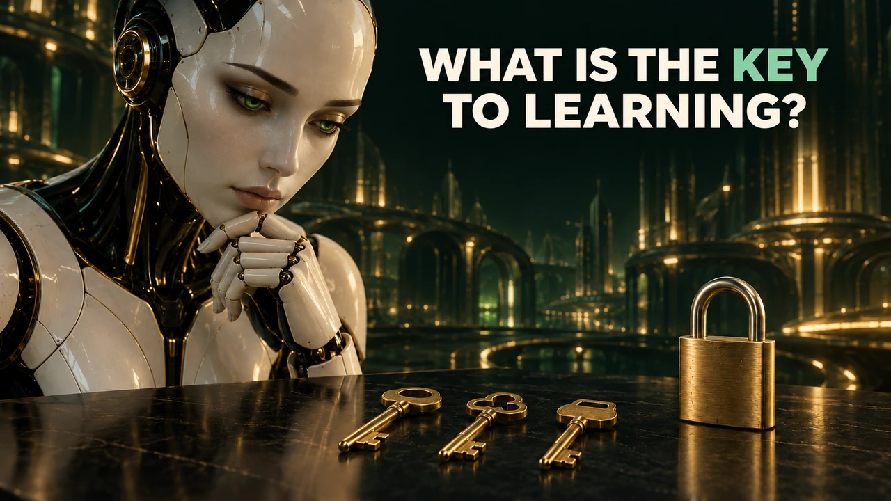 An artificial character examines three keys beside a closed padlock: an open question about learning.