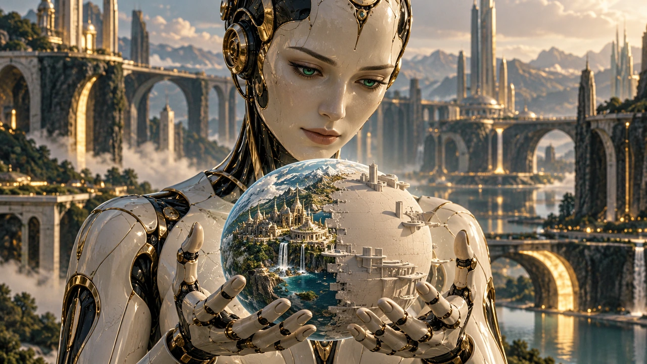 An artificial character examines an unfinished world: a metaphor for knowledge under construction, not the real Elena system.