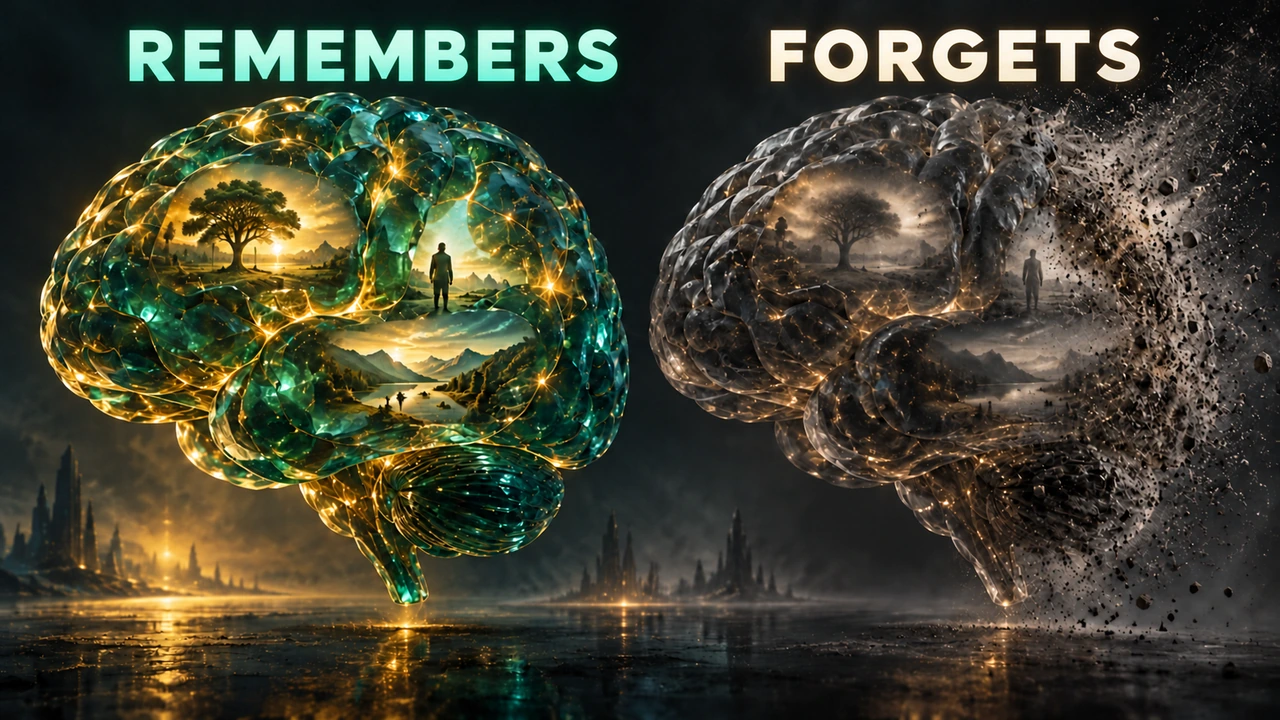 Two brains: one retains memories, the other loses them. Visual metaphor.