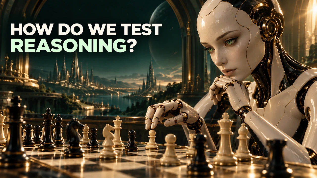 An artificial character considers a chess position: a metaphor for testing reasoning, not an Elena test.
