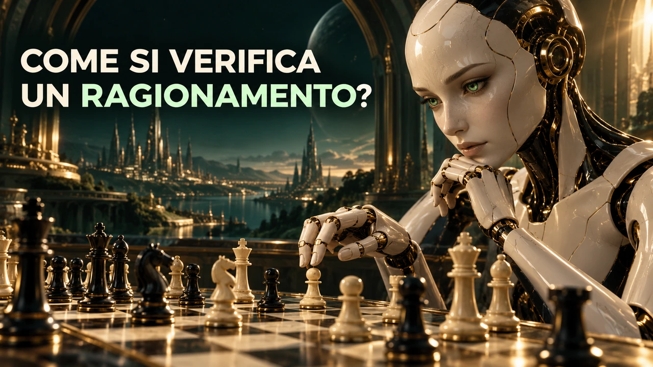 Un personaggio artificiale valuta una posizione sulla scacchiera: metafora della verifica del ragionamento, non un test di Elena.